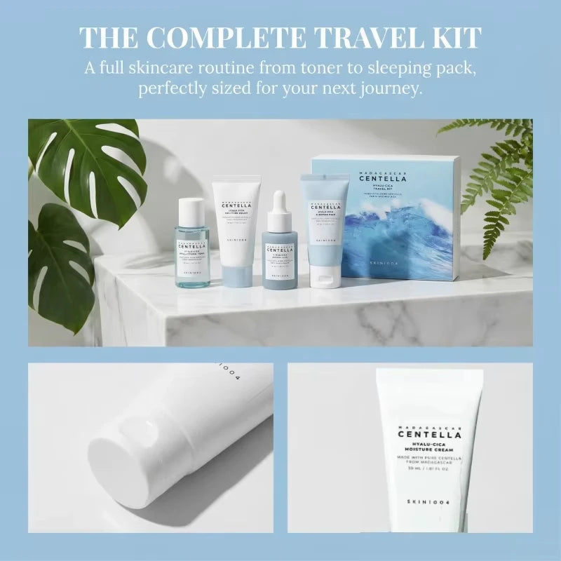 SKIN1004 Centella Hyalu-Cica Travel Kit 4PCS Hydrating Soothing Set Toner Cream Ampoule Sleeping Mask for Dry & Sensitive Skin