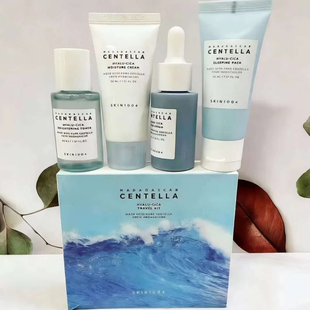 SKIN1004 Centella Hyalu-Cica Travel Kit 4PCS Hydrating Soothing Set Toner Cream Ampoule Sleeping Mask for Dry & Sensitive Skin
