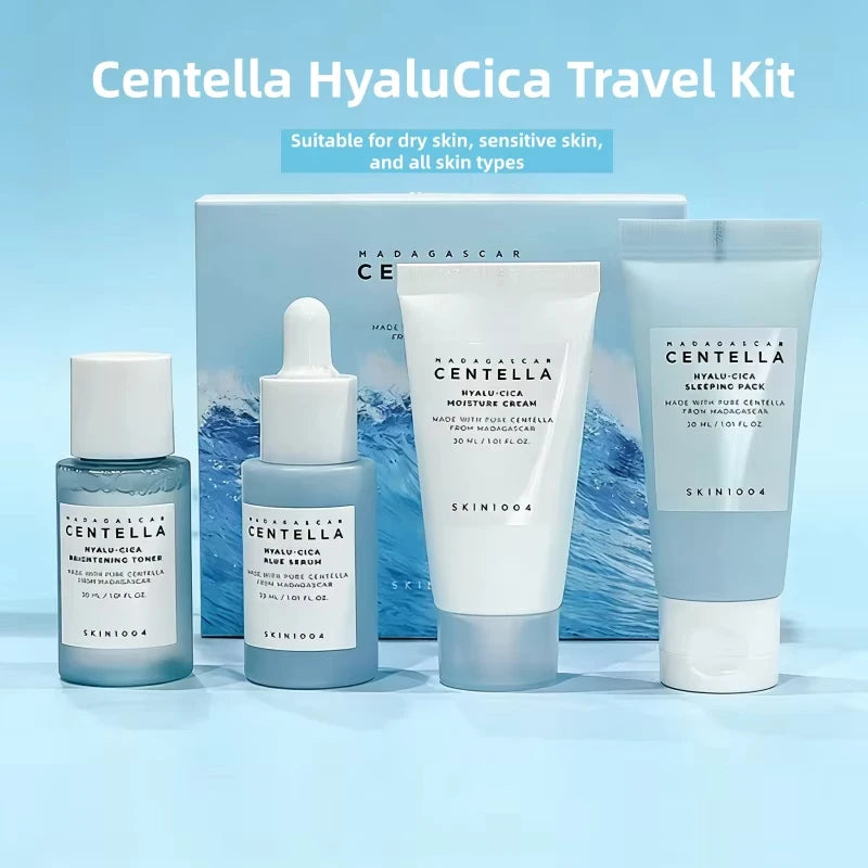 SKIN1004 Centella Hyalu-Cica Travel Kit 4PCS Hydrating Soothing Set Toner Cream Ampoule Sleeping Mask for Dry & Sensitive Skin